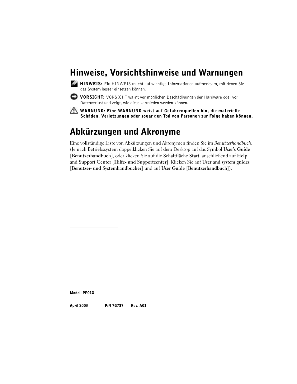 Hinweise, vorsichtshinweise und warnungen, Abkürzungen und akronyme | Dell Latitude C840 User Manual | Page 76 / 174