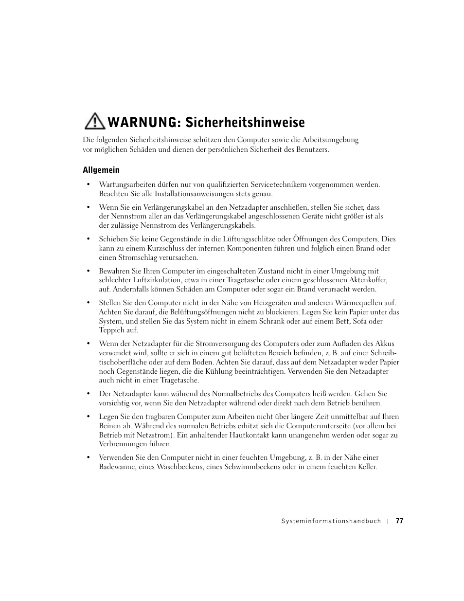 Warnung: sicherheitshinweise, Allgemein | Dell Latitude C840 User Manual | Page 79 / 174