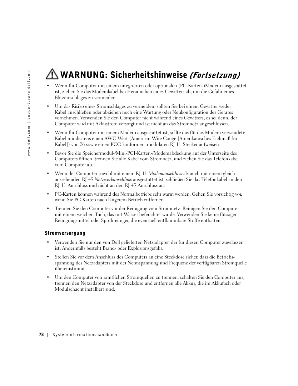 Stromversorgung, Warnung: sicherheitshinweise, Fortsetzung) | Dell Latitude C840 User Manual | Page 80 / 174