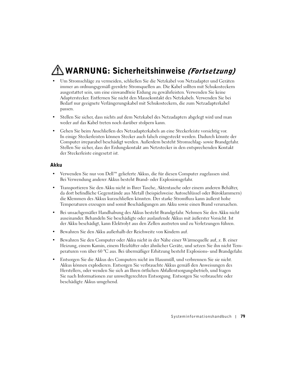 Akku, Warnung: sicherheitshinweise, Fortsetzung) | Dell Latitude C840 User Manual | Page 81 / 174