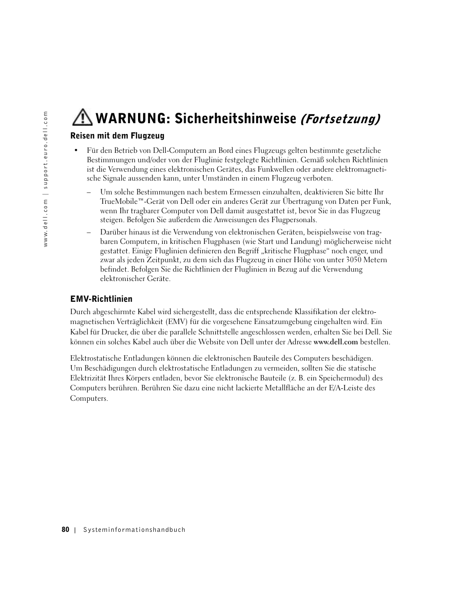 Reisen mit dem flugzeug, Emv-richtlinien, Warnung: sicherheitshinweise | Fortsetzung) | Dell Latitude C840 User Manual | Page 82 / 174