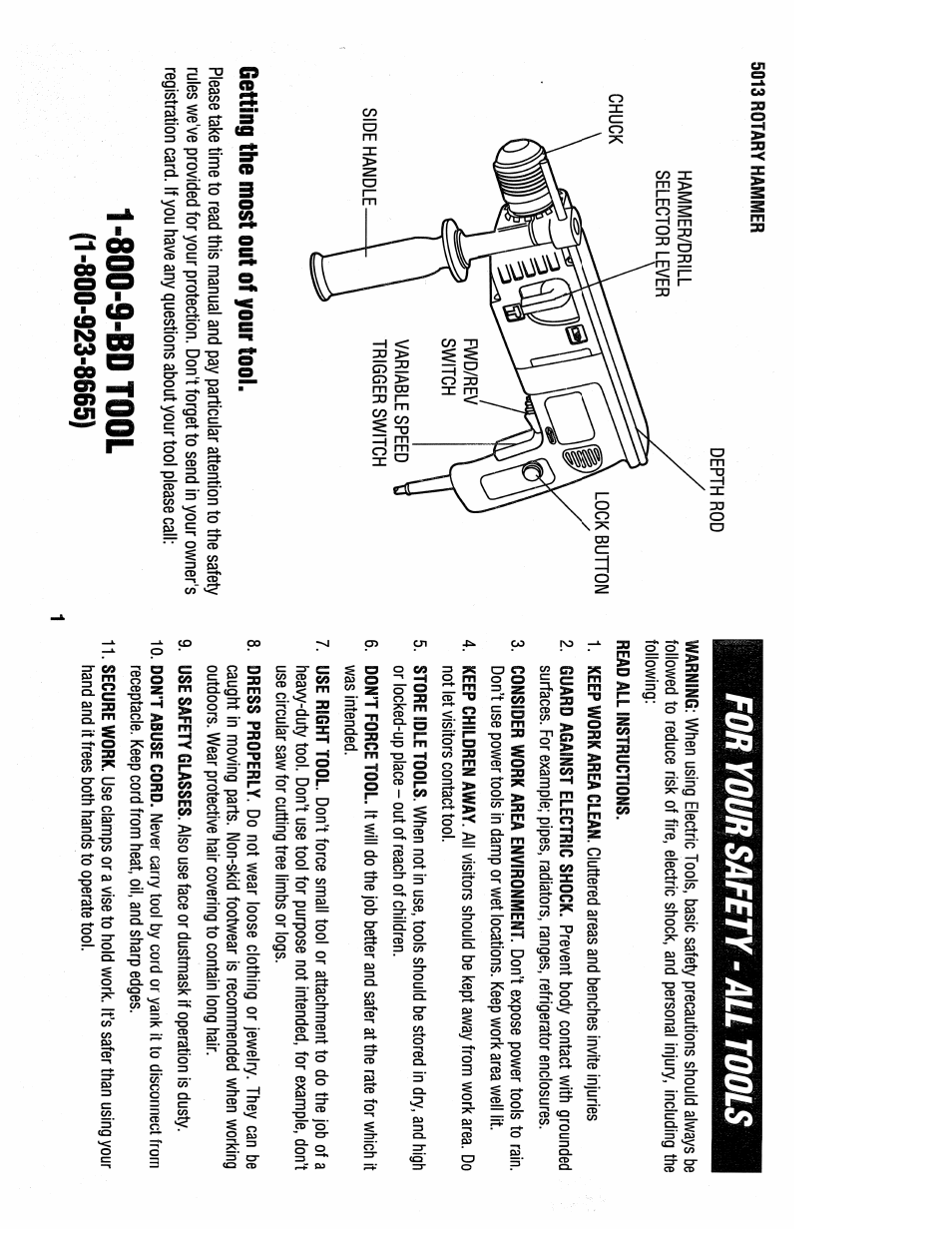 Getting the most out of your tool, 800-9-bd tool, For your safety-all tools | Black & Decker Spitfire 5013 User Manual | Page 2 / 8