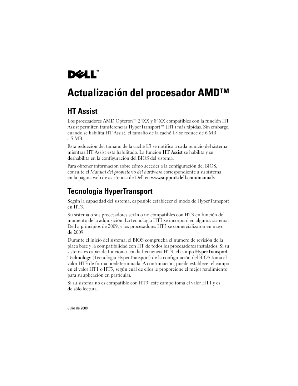 Actualización del procesador amd, Ht assist, Tecnología hypertransport | Dell PowerEdge 2970 User Manual | Page 13 / 14