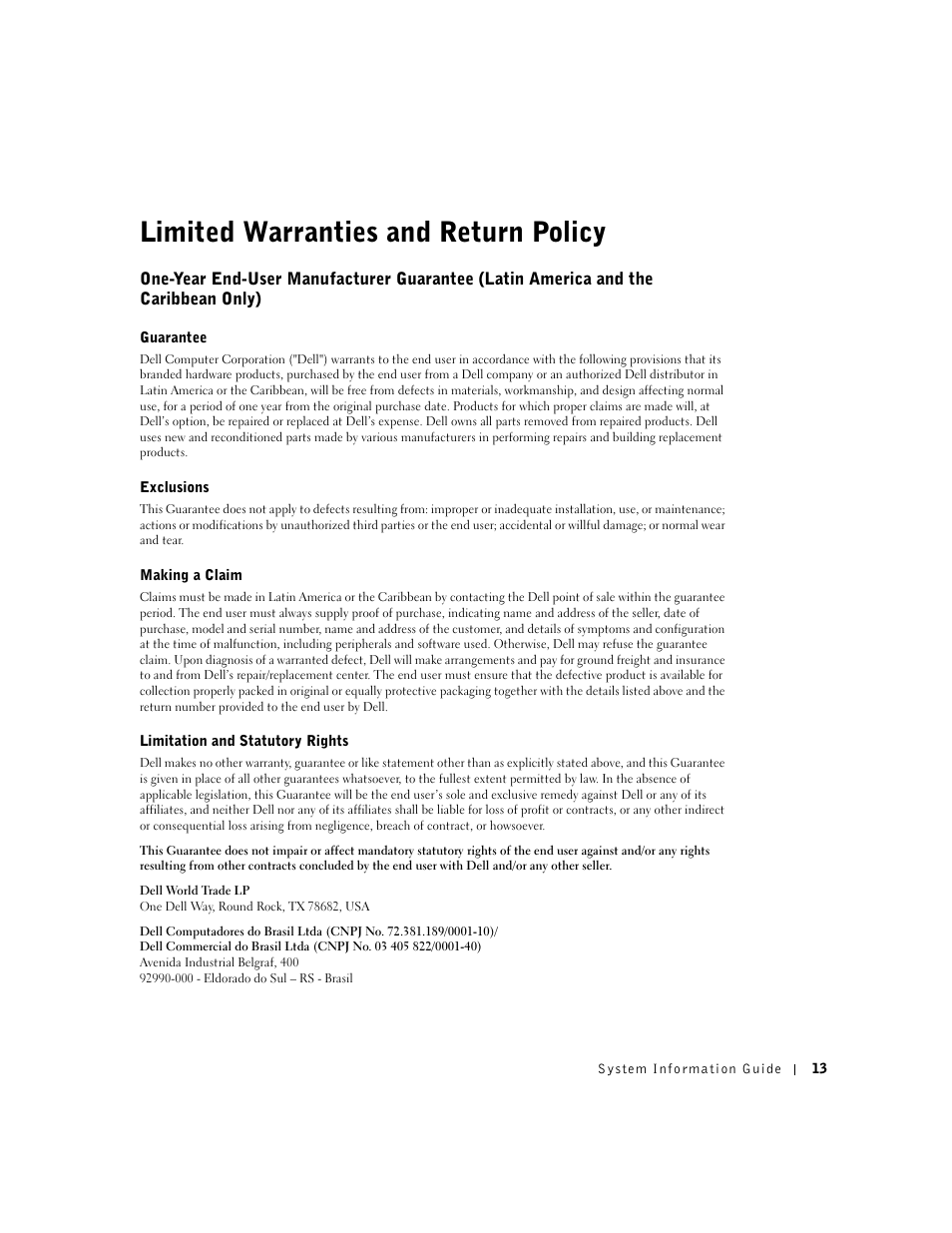 Limited warranties and return policy | Dell Precision 350 User Manual | Page 14 / 46