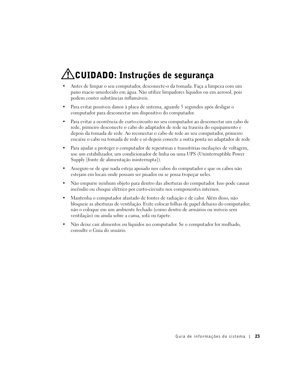 Cuidado: instruções de segurança | Dell Precision 350 User Manual | Page 24 / 46
