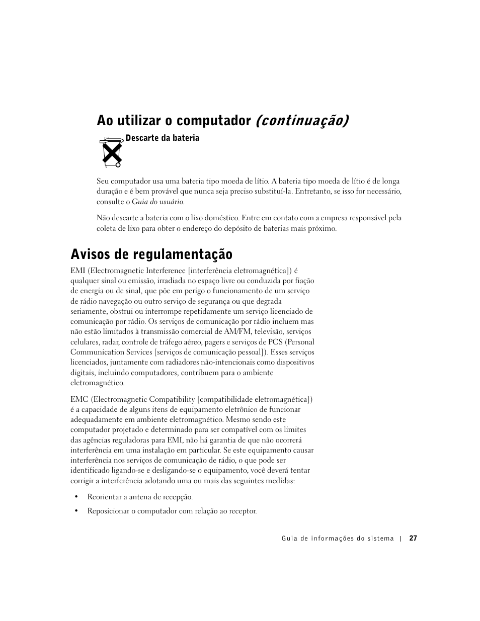 Descarte da bateria, Avisos de regulamentação, Ao utilizar o computador (continuação) | Dell Precision 350 User Manual | Page 28 / 46