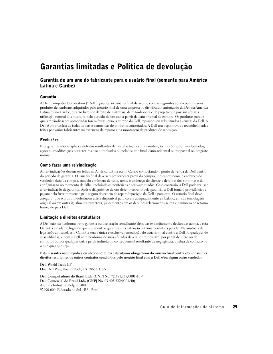 Garantias limitadas e política de devolução | Dell Precision 350 User Manual | Page 30 / 46