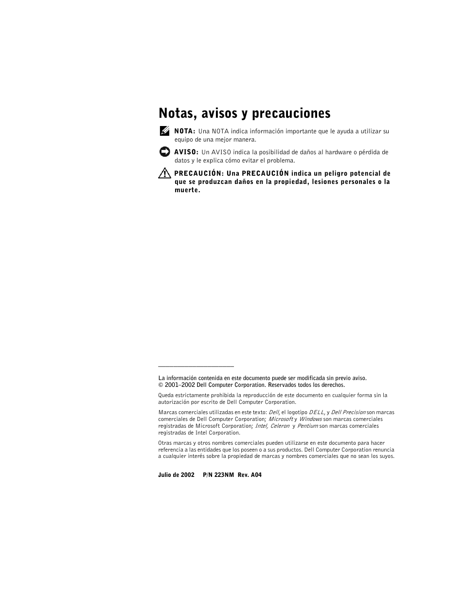Notas, avisos y precauciones | Dell Precision 350 User Manual | Page 33 / 46