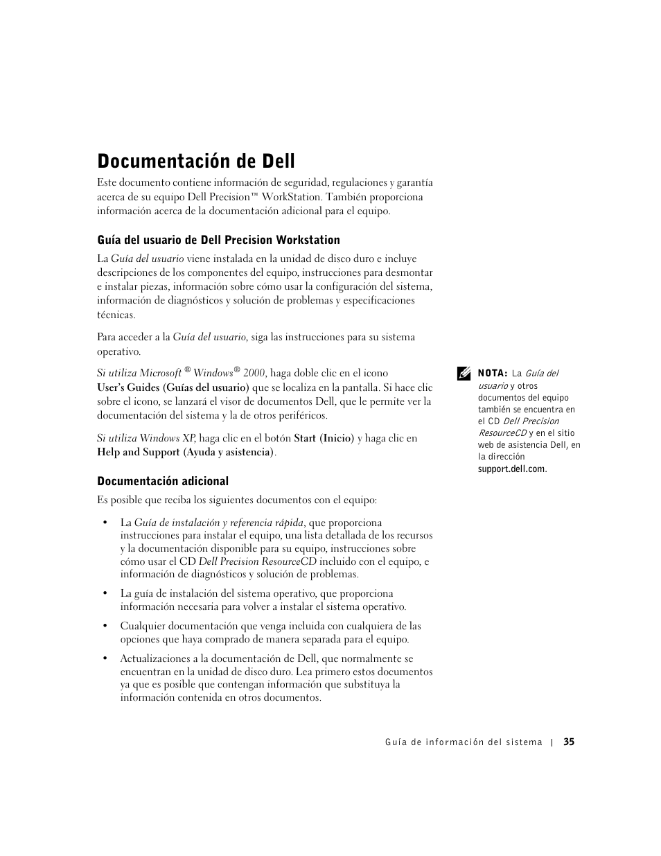 Documentación de dell, Guía del usuario de dell precision workstation, Documentación adicional | Dell Precision 350 User Manual | Page 36 / 46