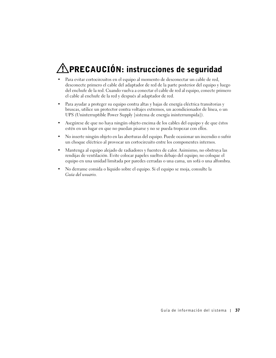 Precaución: instrucciones de seguridad | Dell Precision 350 User Manual | Page 38 / 46