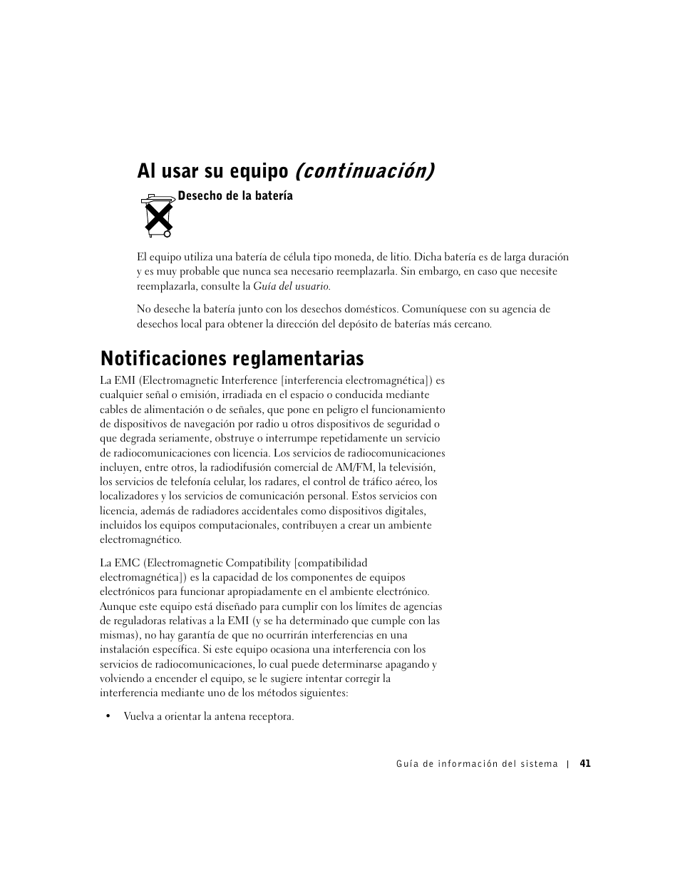 Desecho de la batería, Notificaciones reglamentarias, Al usar su equipo (continuación) | Dell Precision 350 User Manual | Page 42 / 46