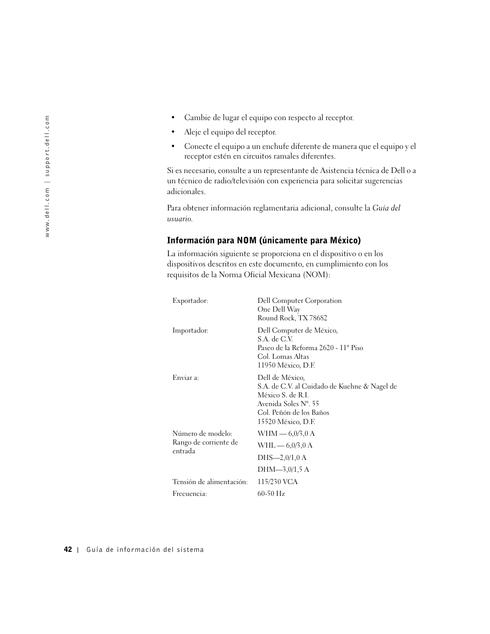Información para nom (únicamente para méxico) | Dell Precision 350 User Manual | Page 43 / 46