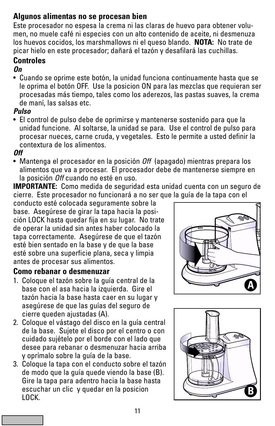 Algunos alimentas no se procesan bien, Controles, Como rebanar o desmenuzar | Black & Decker FP1200 User Manual | Page 11 / 24
