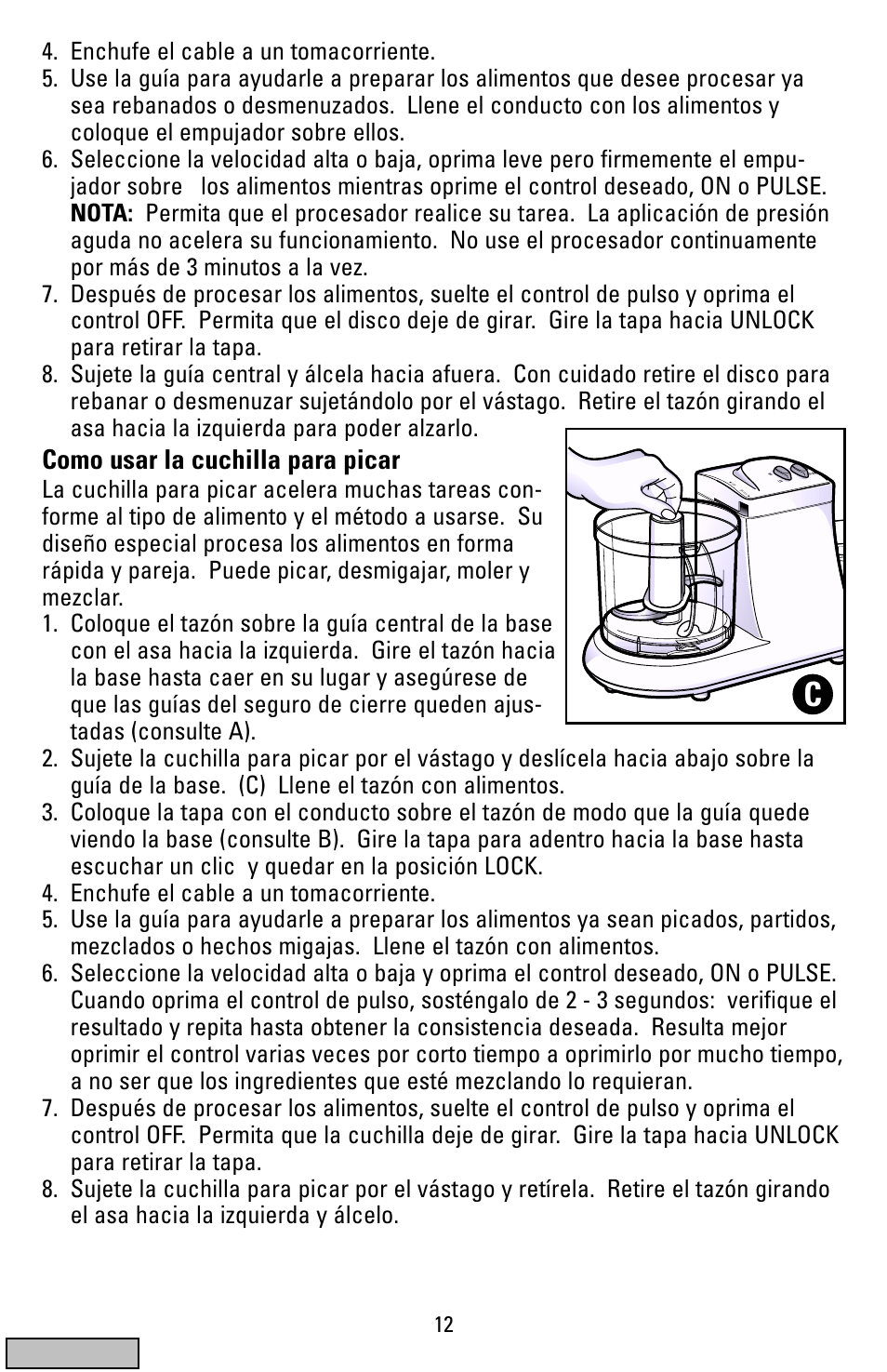 Como usar la cuchilla para picar | Black & Decker FP1200 User Manual | Page 12 / 24