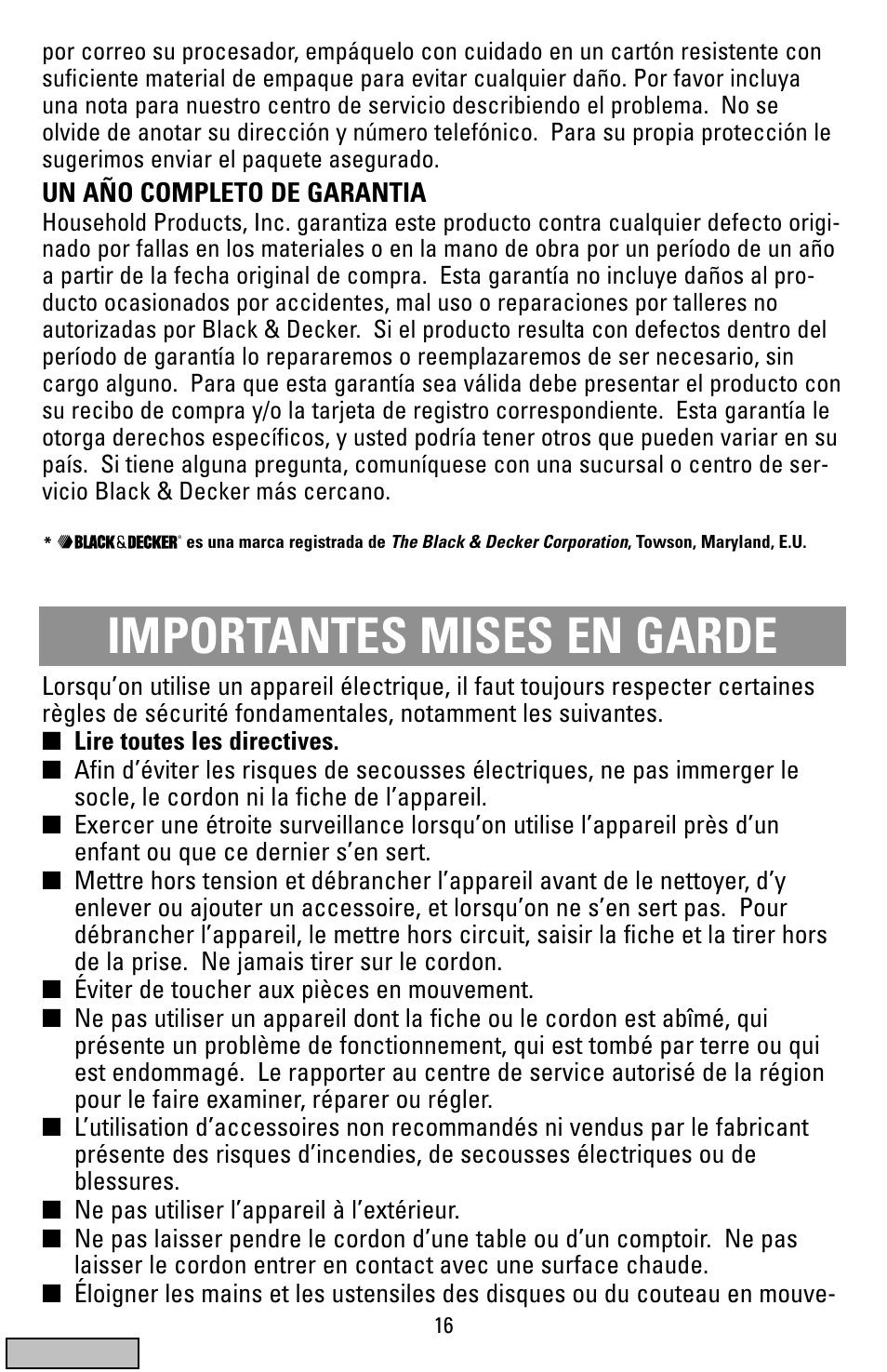 Mises en garde, Robots culinaires, Importantes mises en garde | Black & Decker FP1200 User Manual | Page 16 / 24