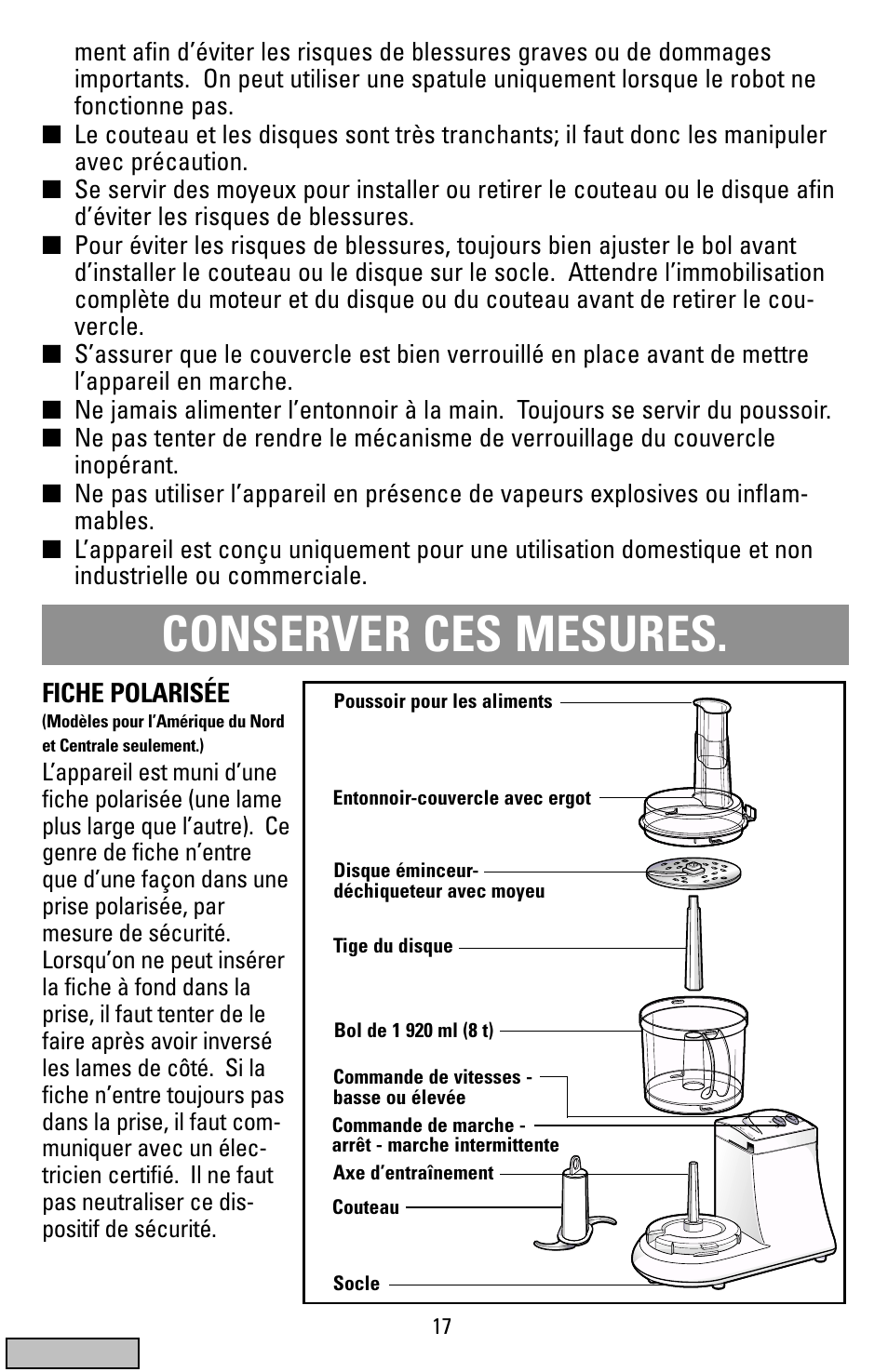 Conserver ces mesures, Fiche polarisée | Black & Decker FP1200 User Manual | Page 17 / 24