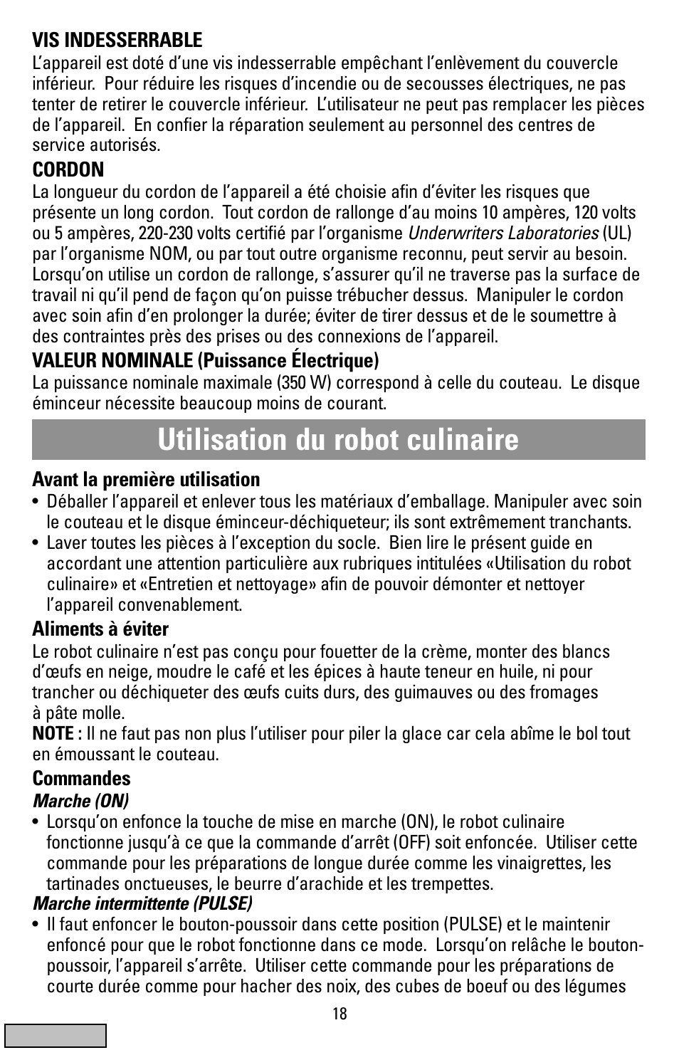 Utilisation, Utilisation du robot culinaire | Black & Decker FP1200 User Manual | Page 18 / 24