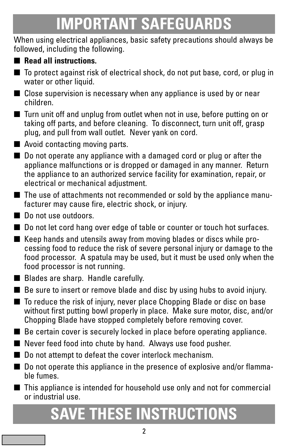 Safegaurds, Food processors, Important safeguards | Save these instructions | Black & Decker FP1200 User Manual | Page 2 / 24