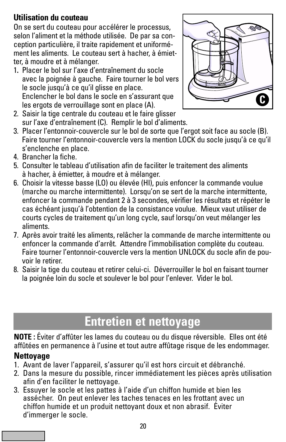 Nettoyage, Entretien et nettoyage, Utilisation du couteau | Black & Decker FP1200 User Manual | Page 20 / 24