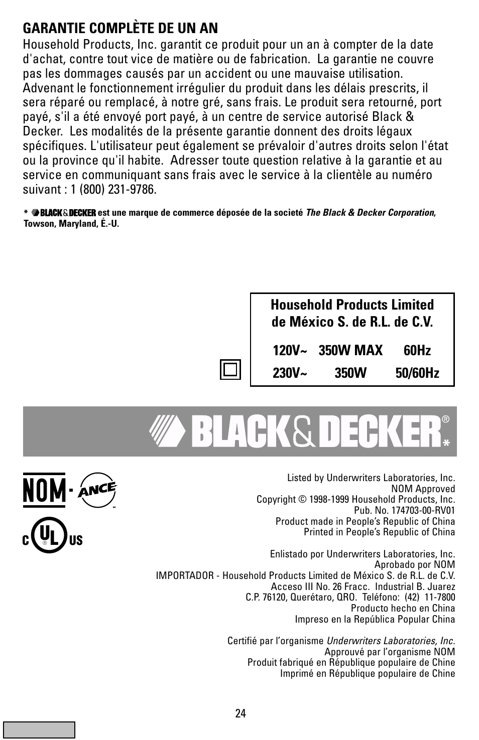 Garantie, Garantie complète de un an | Black & Decker FP1200 User Manual | Page 24 / 24