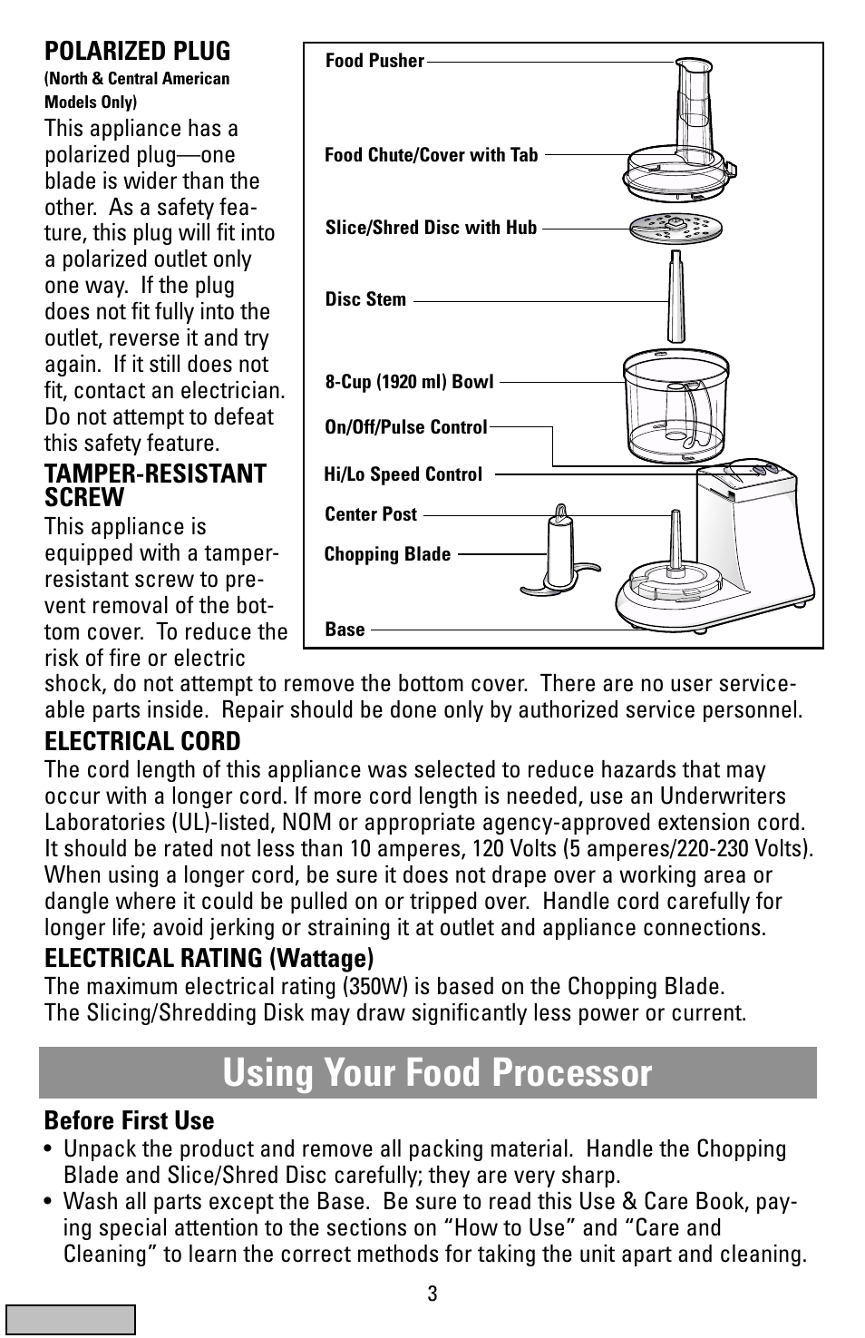 Usage, Using your food processor, Before first use | Polarized plug, Tamper-resistant screw, Electrical cord, Electrical rating (wattage), The maximum electrical rating (350 | Black & Decker FP1200 User Manual | Page 3 / 24