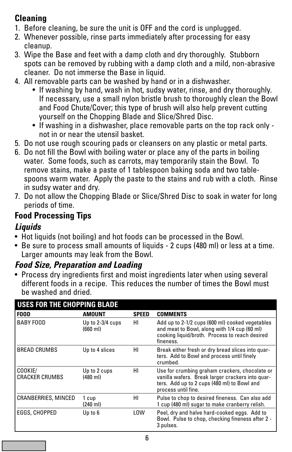 Blade uses, Cleaning, Food processing tips liquids | Food size, preparation and loading | Black & Decker FP1200 User Manual | Page 6 / 24