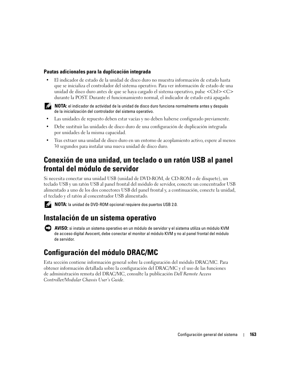 Pautas adicionales para la duplicación integrada, Instalación de un sistema operativo, Configuración del módulo drac/mc | Dell POWEREDGE 1955 User Manual | Page 165 / 206