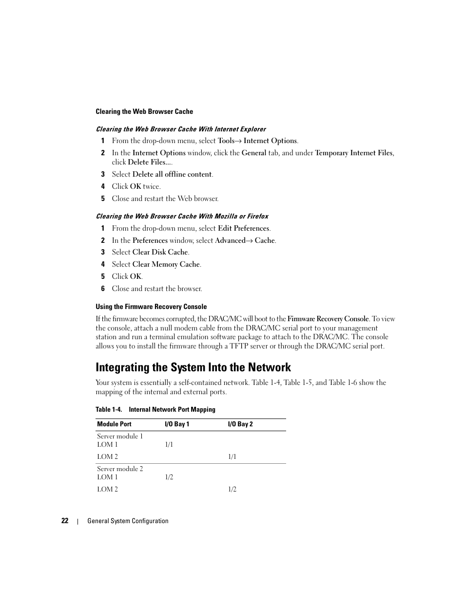 Integrating the system into the network, Rowser cache. see "clearing the web browser | Dell POWEREDGE 1955 User Manual | Page 24 / 206