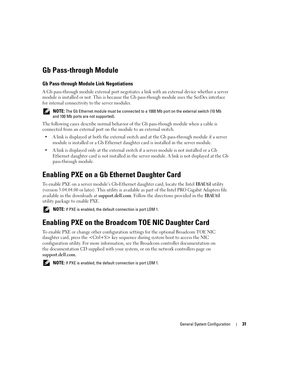 Gb pass-through module, Gb pass-through module link negotiations, Enabling pxe on a gb ethernet daughter card | Enabling pxe on the broadcom toe nic daughter card | Dell POWEREDGE 1955 User Manual | Page 33 / 206