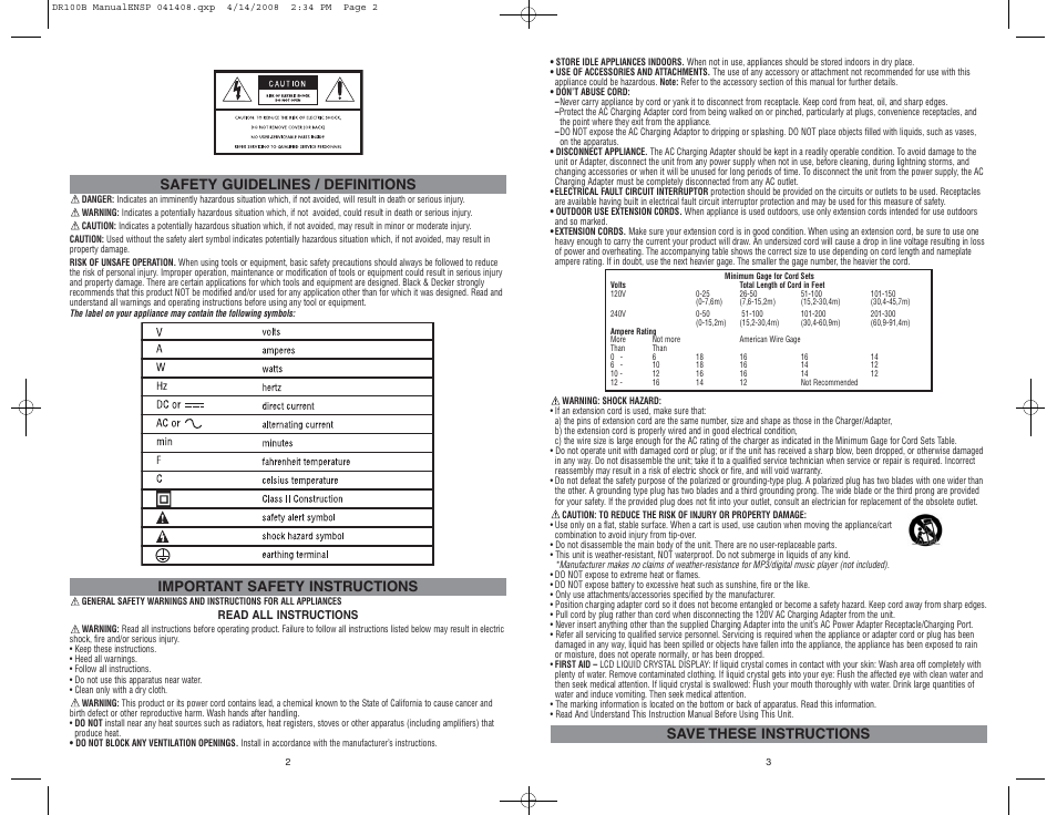 Save these instructions, Safety guidelines / definitions, Important safety instructions | Black & Decker DR100B User Manual | Page 2 / 8