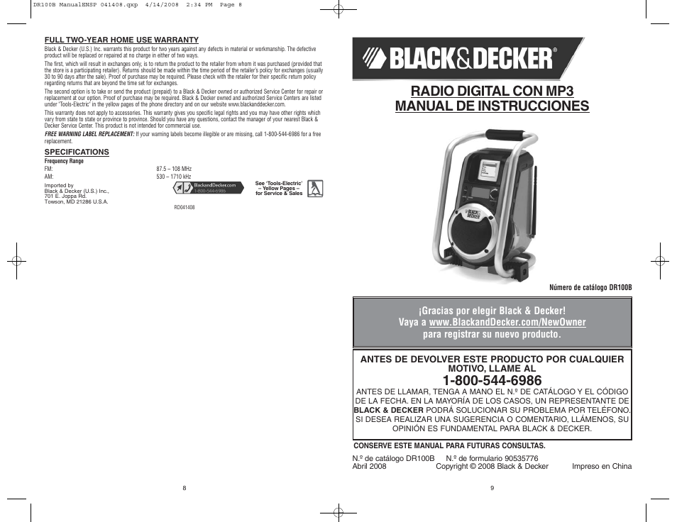 Radio digital con mp3 manual de instrucciones | Black & Decker DR100B User Manual | Page 5 / 8