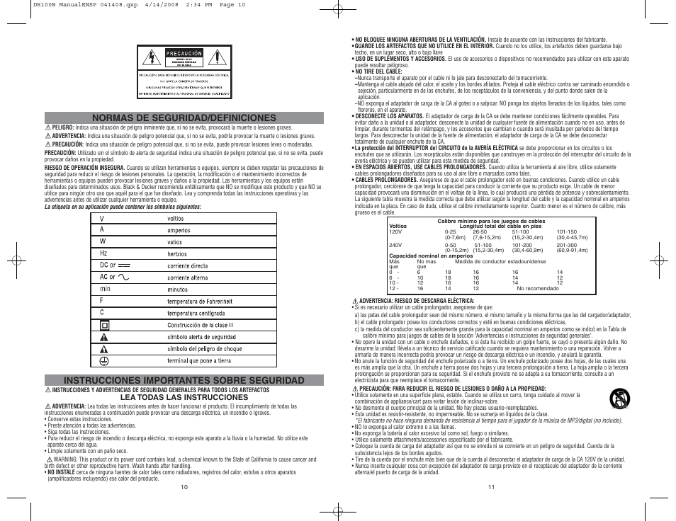 Normas de seguridad/definiciones, Instrucciones importantes sobre seguridad | Black & Decker DR100B User Manual | Page 6 / 8