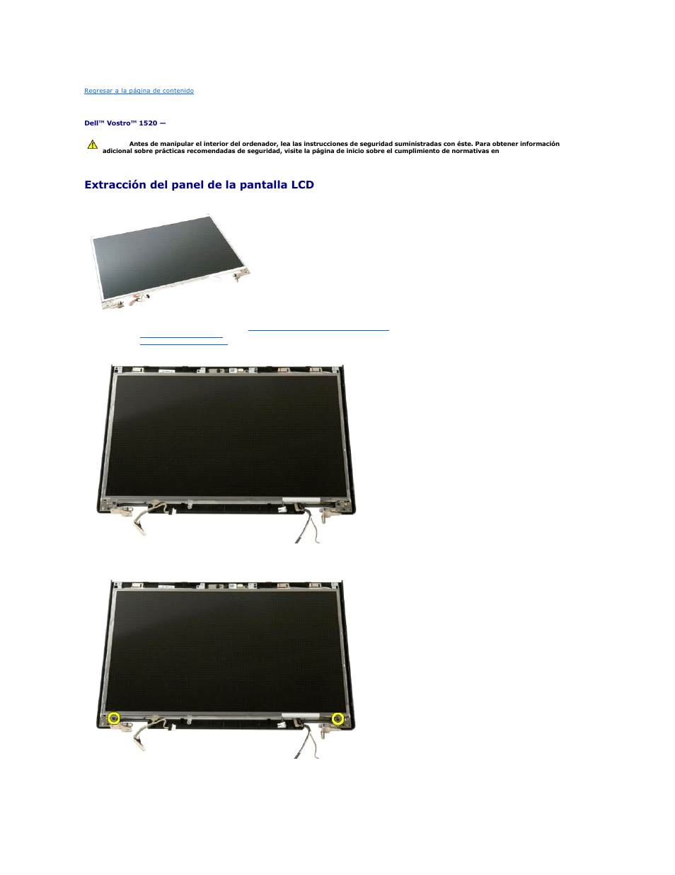 Panel de la pantalla lcd, Extracción del panel de la pantalla lcd | Dell Vostro 1520 (Early 2009) User Manual | Page 26 / 78