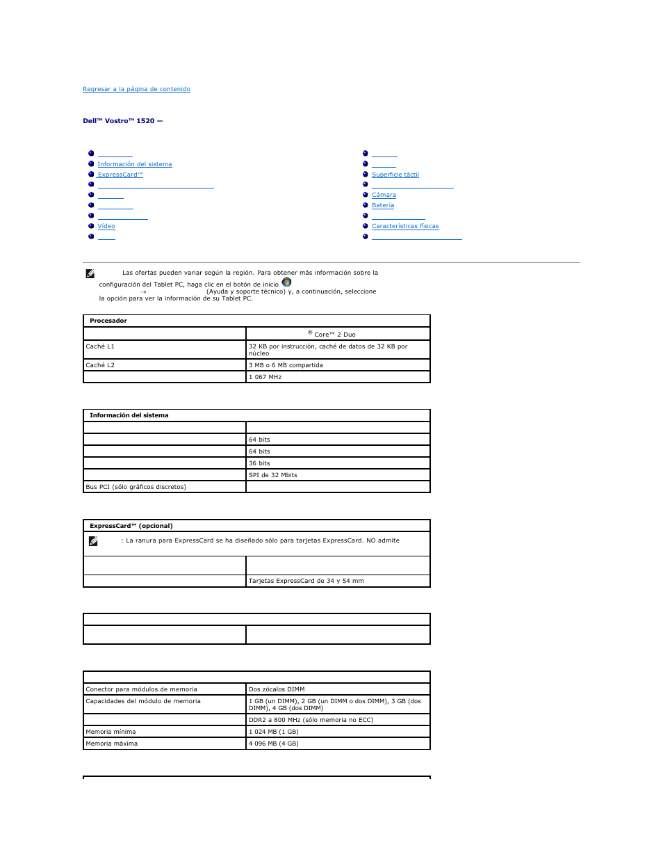 Especificaciones | Dell Vostro 1520 (Early 2009) User Manual | Page 6 / 78