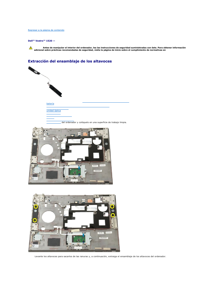 Ensamblaje de los altavoces, Extracción del ensamblaje de los altavoces | Dell Vostro 1520 (Early 2009) User Manual | Page 61 / 78