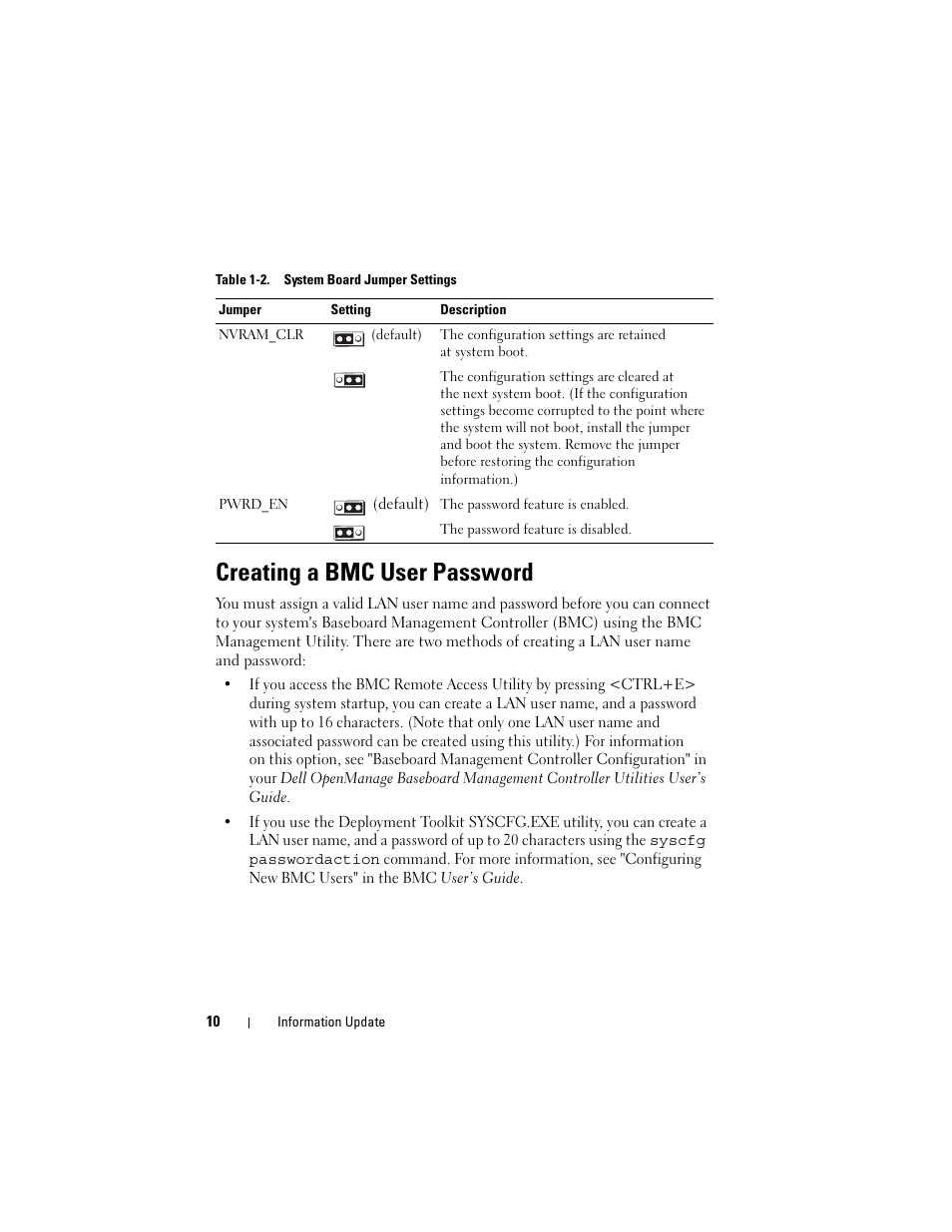 Creating a bmc user password | Dell PowerEdge 2970 User Manual | Page 10 / 138