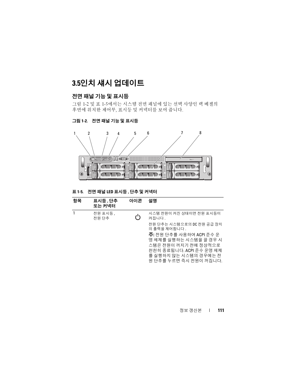 5인치 섀시 업데이트, 전면 패널 기능 및 표시등, 5 인치 섀시 업데이트 | Dell PowerEdge 2970 User Manual | Page 111 / 138