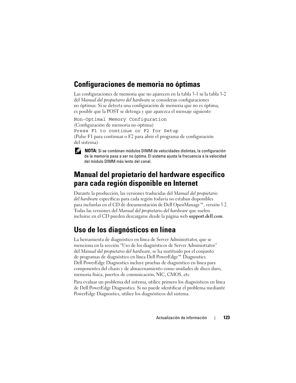 Configuraciones de memoria no óptimas, Uso de los diagnósticos en línea | Dell PowerEdge 2970 User Manual | Page 123 / 138