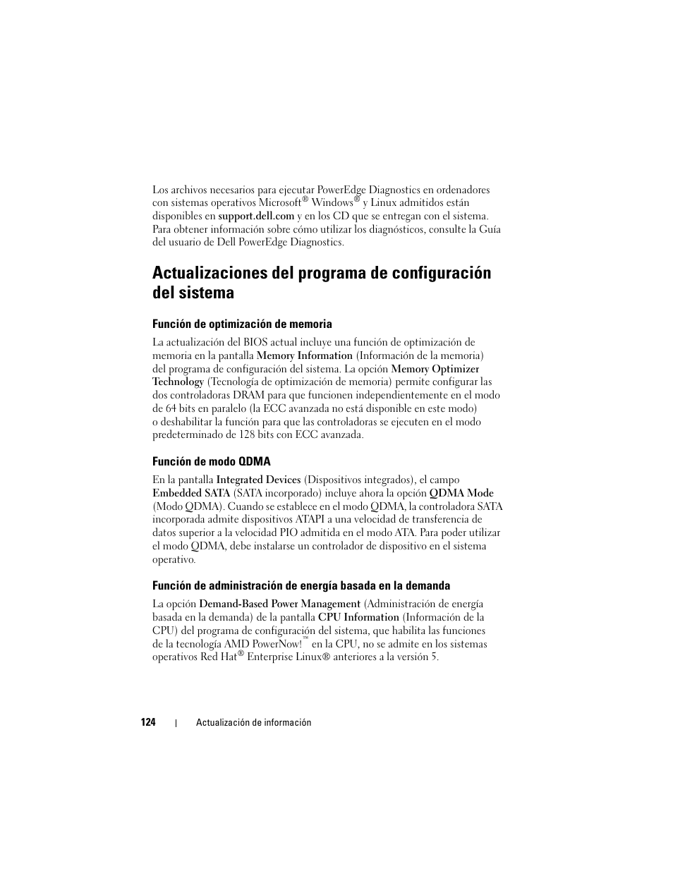 Función de optimización de memoria, Función de modo qdma | Dell PowerEdge 2970 User Manual | Page 124 / 138