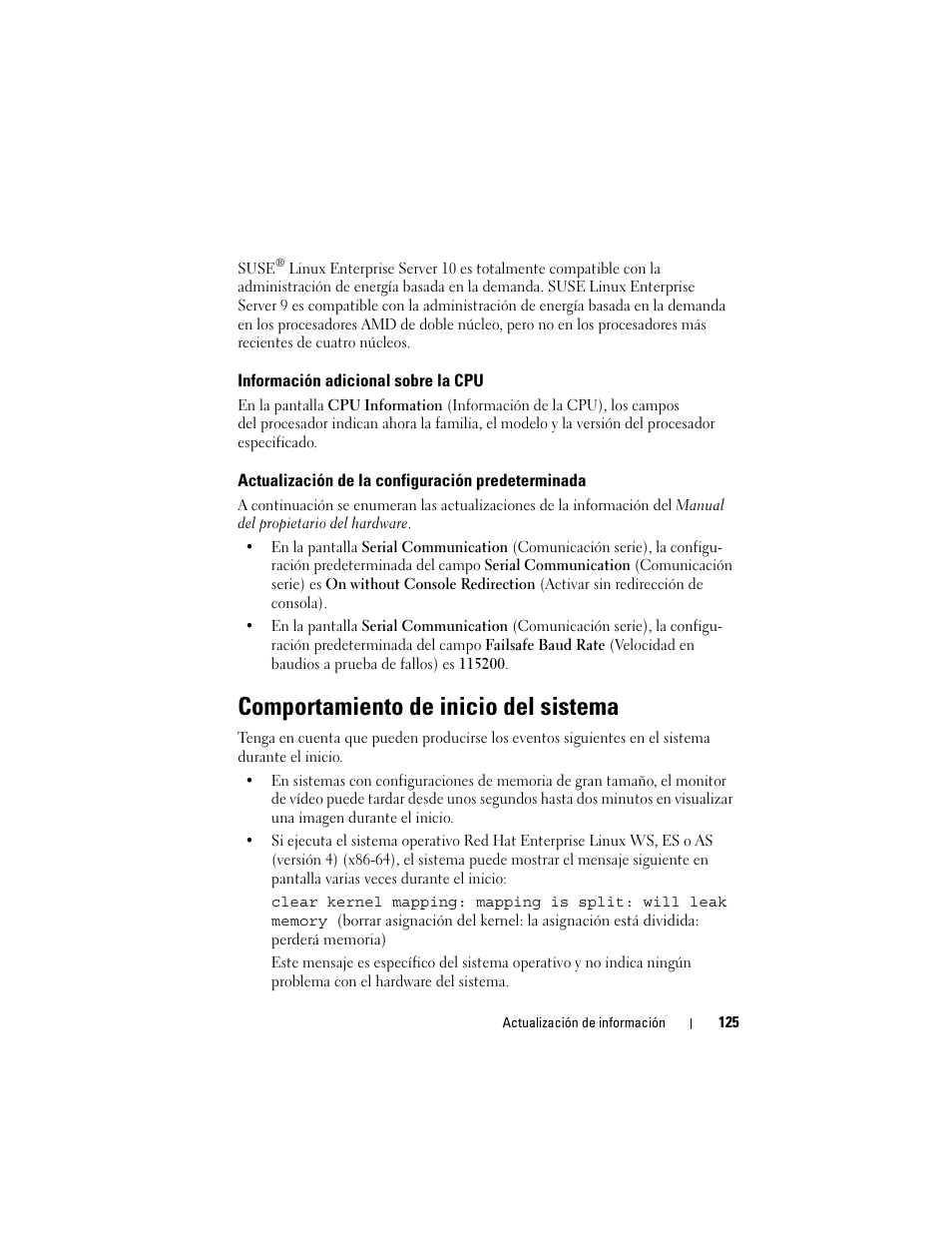 Información adicional sobre la cpu, Actualización de la configuración predeterminada, Comportamiento de inicio del sistema | Dell PowerEdge 2970 User Manual | Page 125 / 138