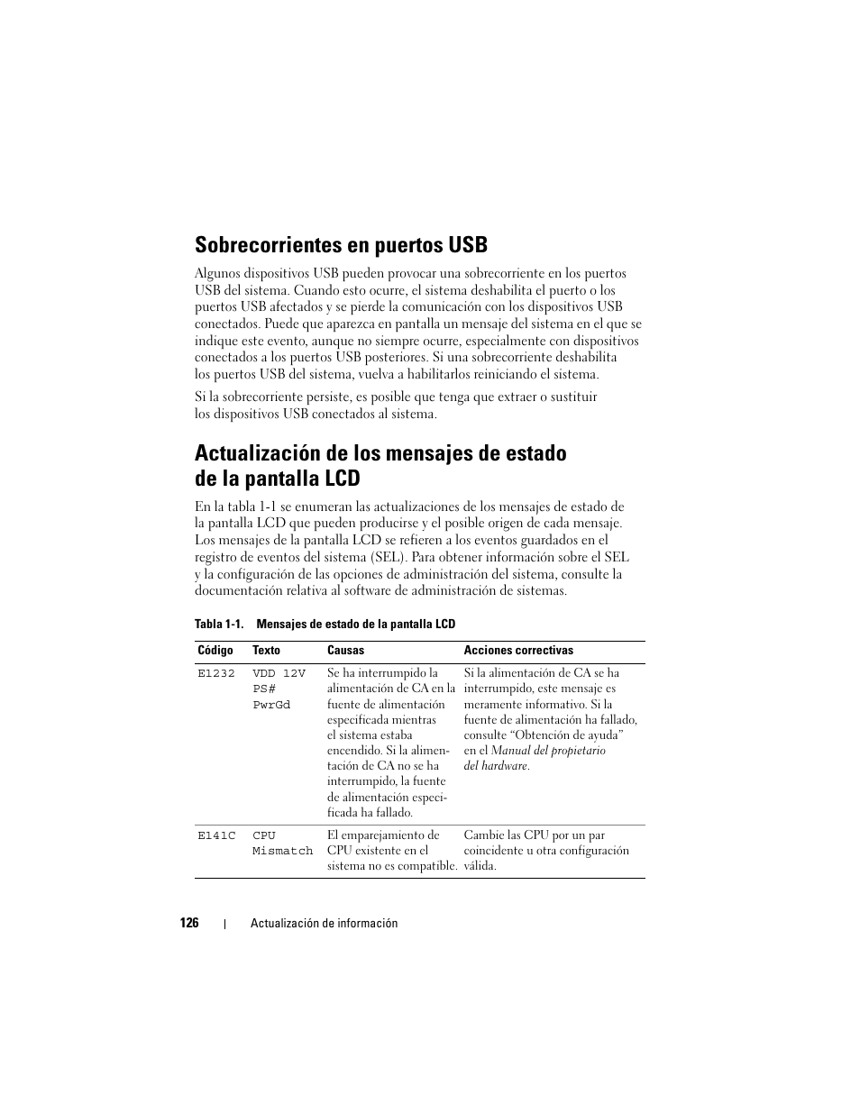 Sobrecorrientes en puertos usb | Dell PowerEdge 2970 User Manual | Page 126 / 138