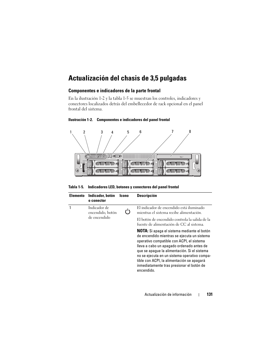 Actualización del chasis de 3,5 pulgadas, Componentes e indicadores de la parte frontal | Dell PowerEdge 2970 User Manual | Page 131 / 138