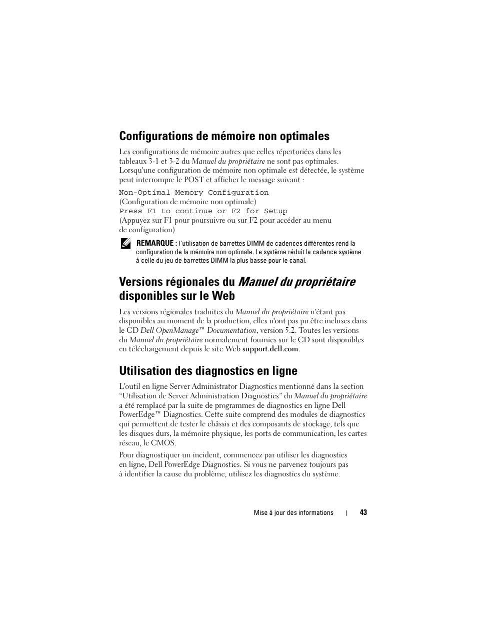 Configurations de mémoire non optimales, Utilisation des diagnostics en ligne | Dell PowerEdge 2970 User Manual | Page 43 / 138