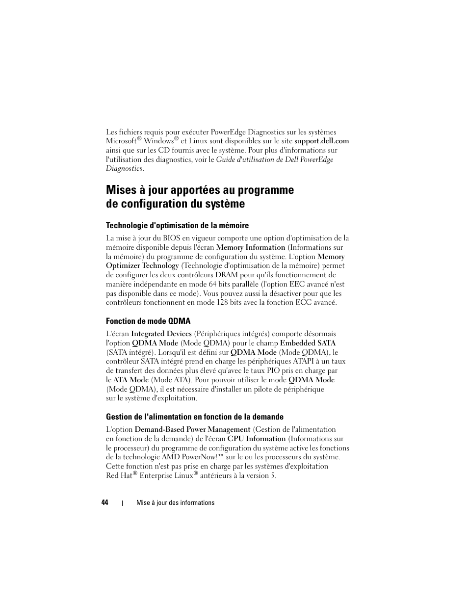 Technologie d'optimisation de la mémoire, Fonction de mode qdma | Dell PowerEdge 2970 User Manual | Page 44 / 138