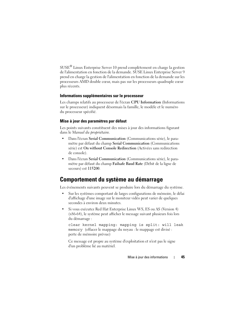 Informations supplémentaires sur le processeur, Mise à jour des paramètres par défaut, Comportement du système au démarrage | Dell PowerEdge 2970 User Manual | Page 45 / 138
