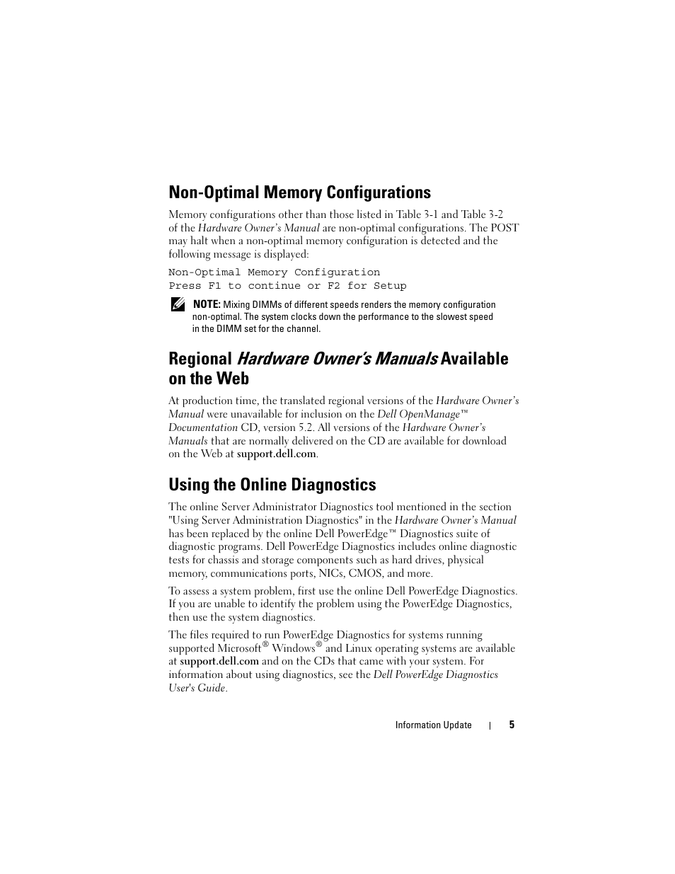 Non-optimal memory configurations, Using the online diagnostics | Dell PowerEdge 2970 User Manual | Page 5 / 138