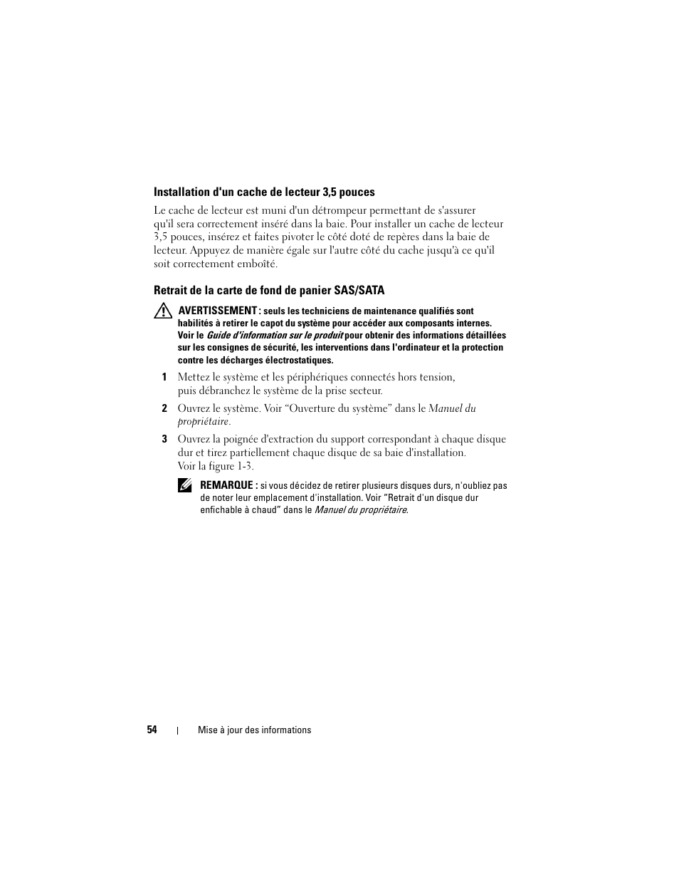 Installation d'un cache de lecteur 3,5 pouces, Retrait de la carte de fond de panier sas/sata | Dell PowerEdge 2970 User Manual | Page 54 / 138