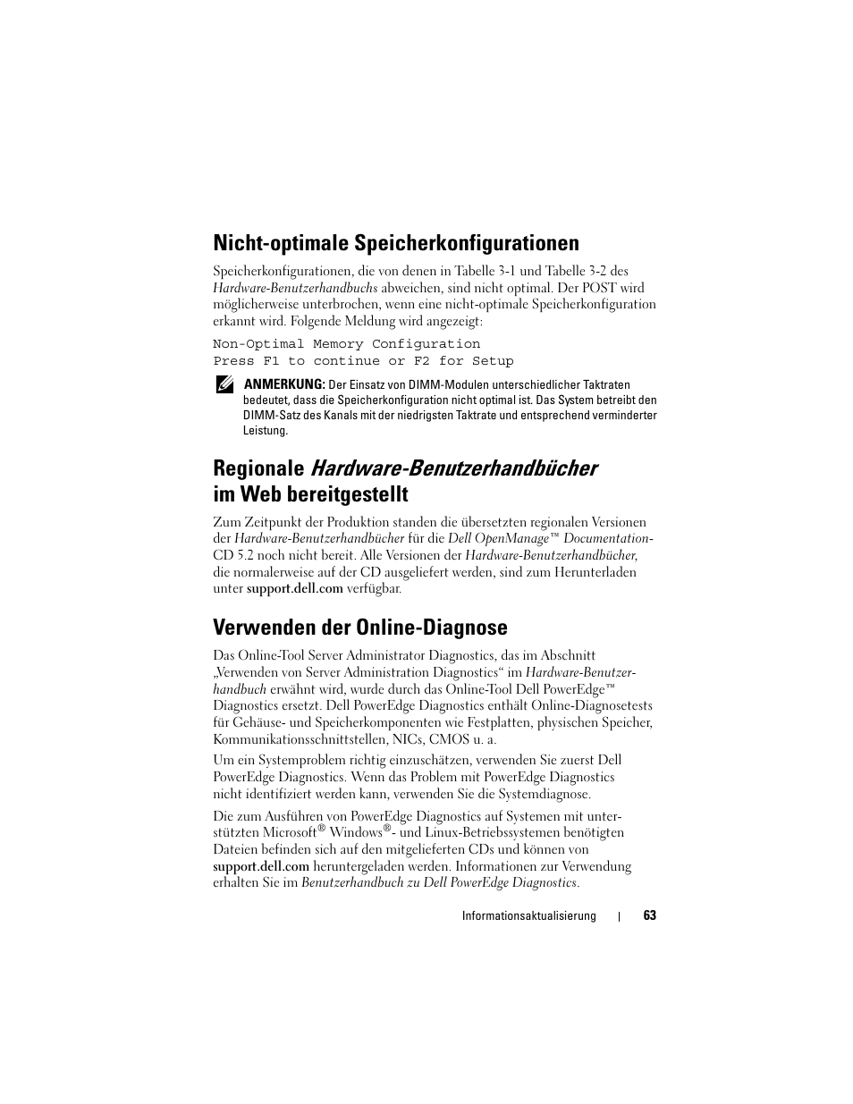 Nicht-optimale speicherkonfigurationen, Verwenden der online-diagnose | Dell PowerEdge 2970 User Manual | Page 63 / 138