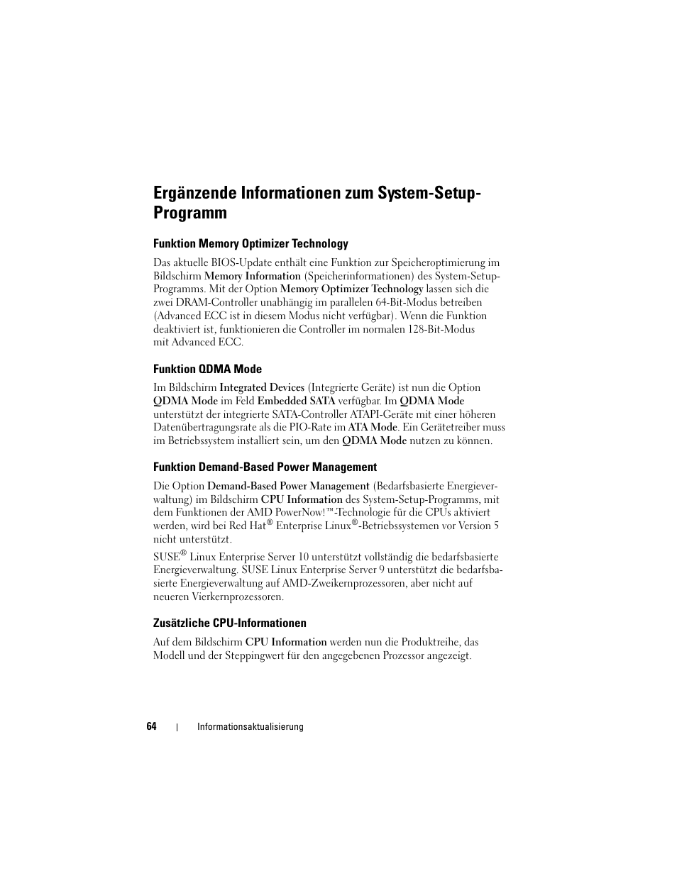 Funktion memory optimizer technology, Funktion qdma mode, Funktion demand-based power management | Zusätzliche cpu-informationen, Ergänzende informationen zum system-setup-programm | Dell PowerEdge 2970 User Manual | Page 64 / 138