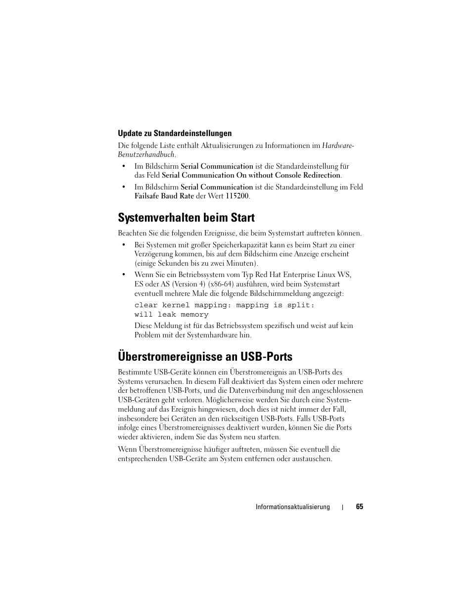 Update zu standardeinstellungen, Systemverhalten beim start, Überstromereignisse an usb-ports | Dell PowerEdge 2970 User Manual | Page 65 / 138